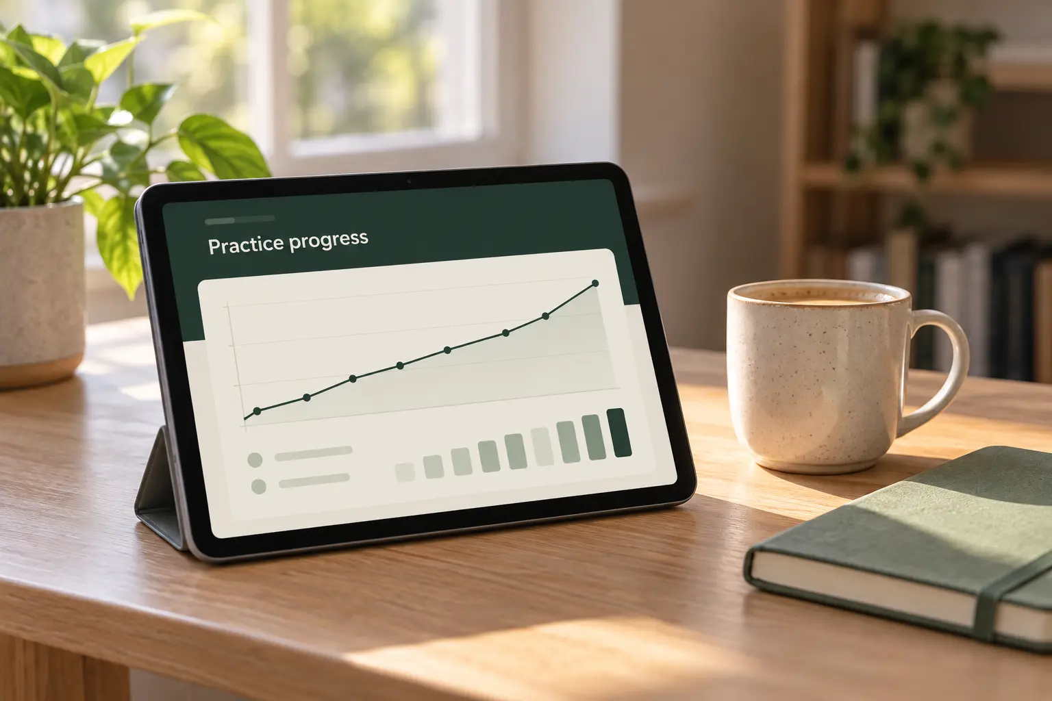 A tablet with an illustrative practice-progress chart on a study desk beside a coffee mug.