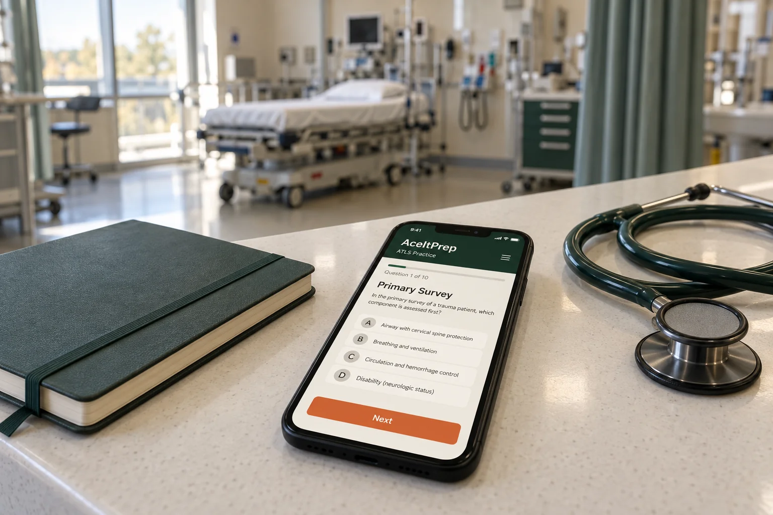 A phone displaying an illustrative ATLS practice screen beside a dark green stethoscope and study notebook in an emergency department.