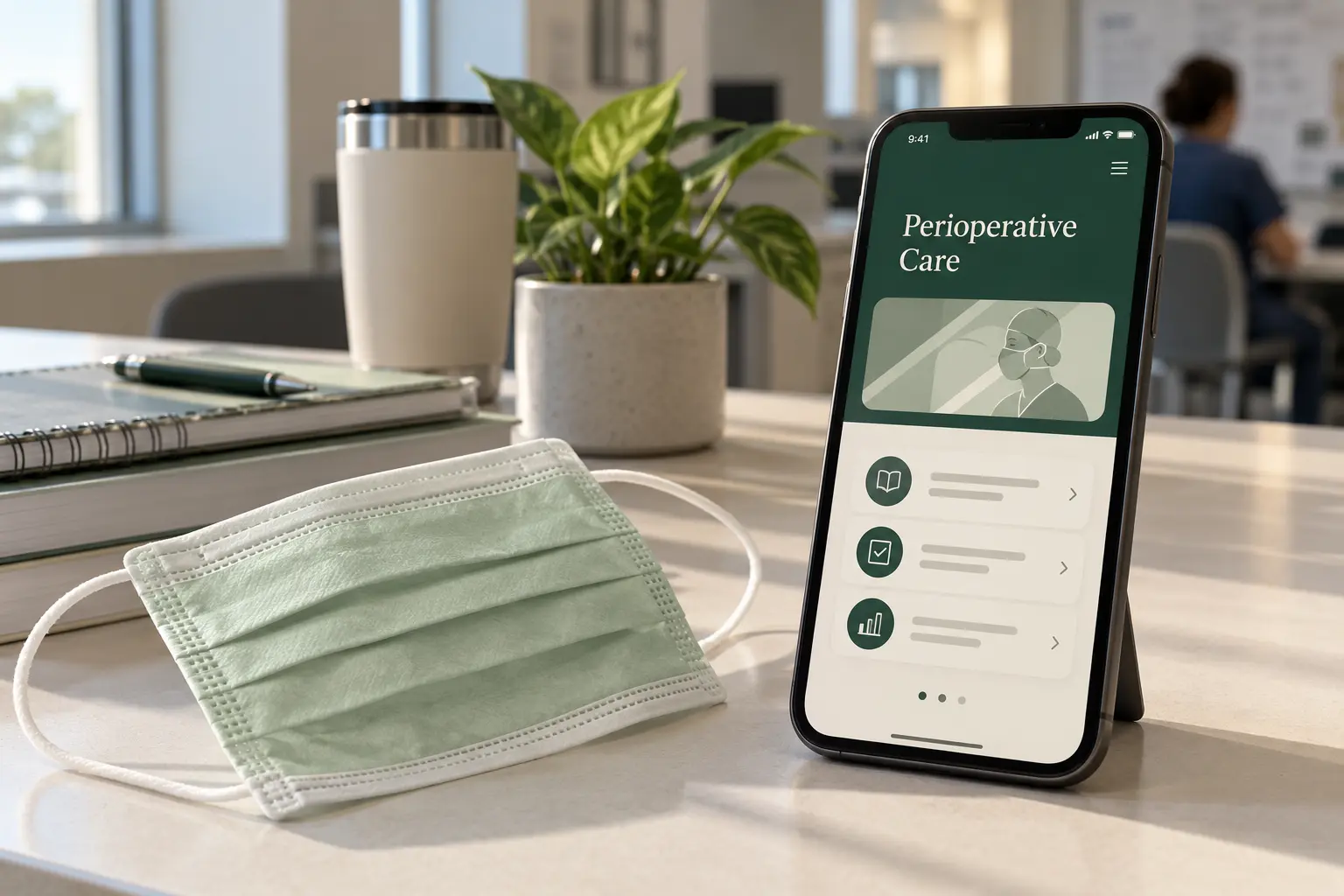 A surgical mask on a clean table beside a phone with an illustrative Perioperative Care study screen.