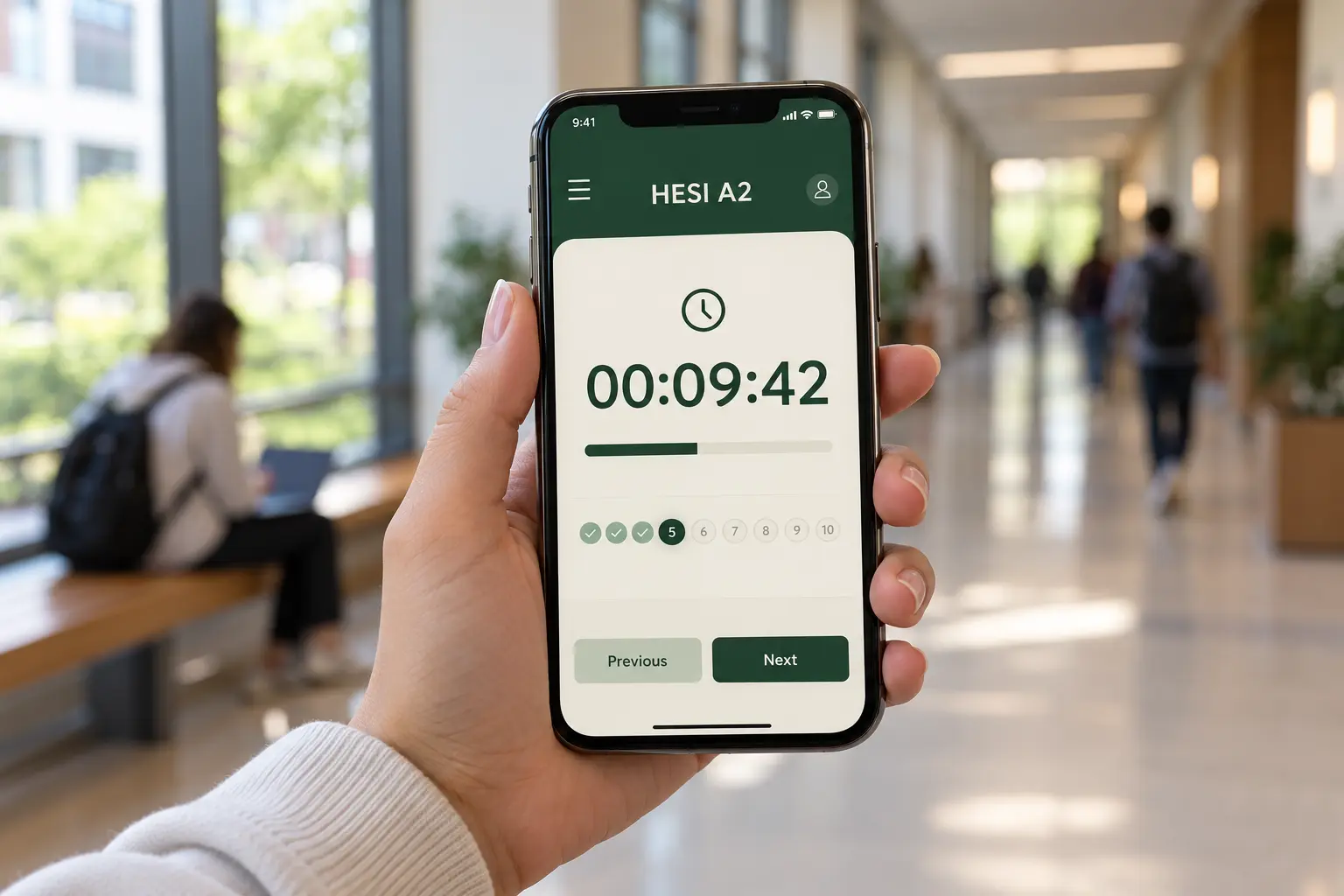 A hand holding a phone with an illustrative HESI A2 practice countdown in a university hallway.