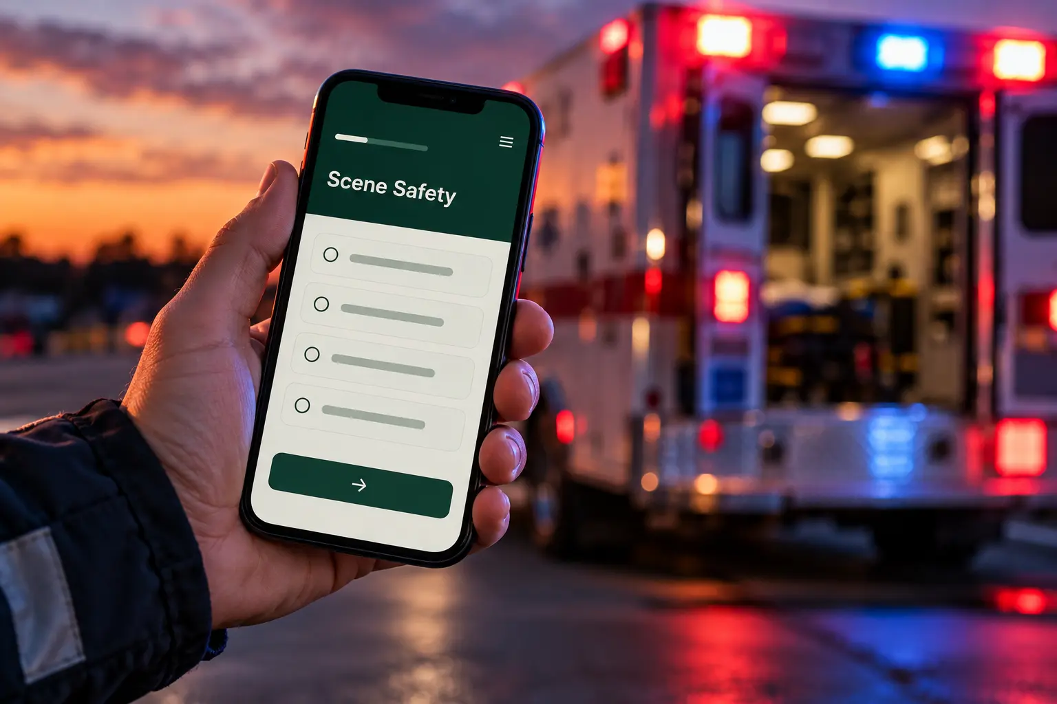 A phone with an illustrative Scene Safety practice screen reflecting ambulance lights at dusk.