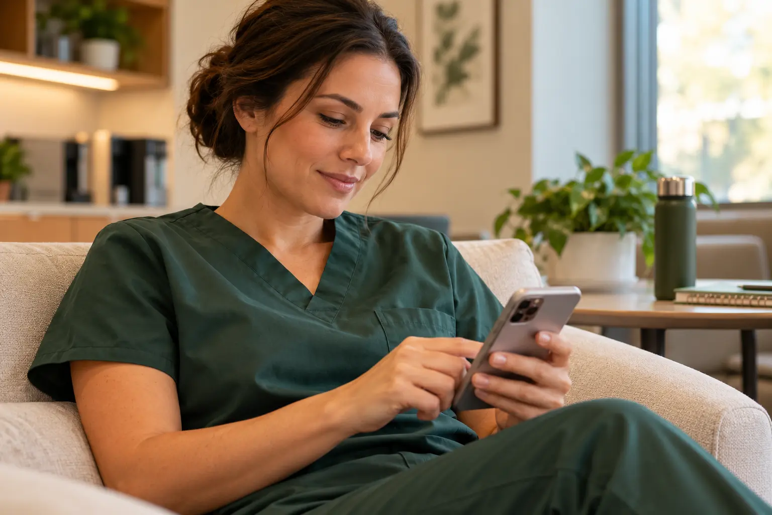 A nurse in green scrubs studying on a phone during a quiet break on a sofa.